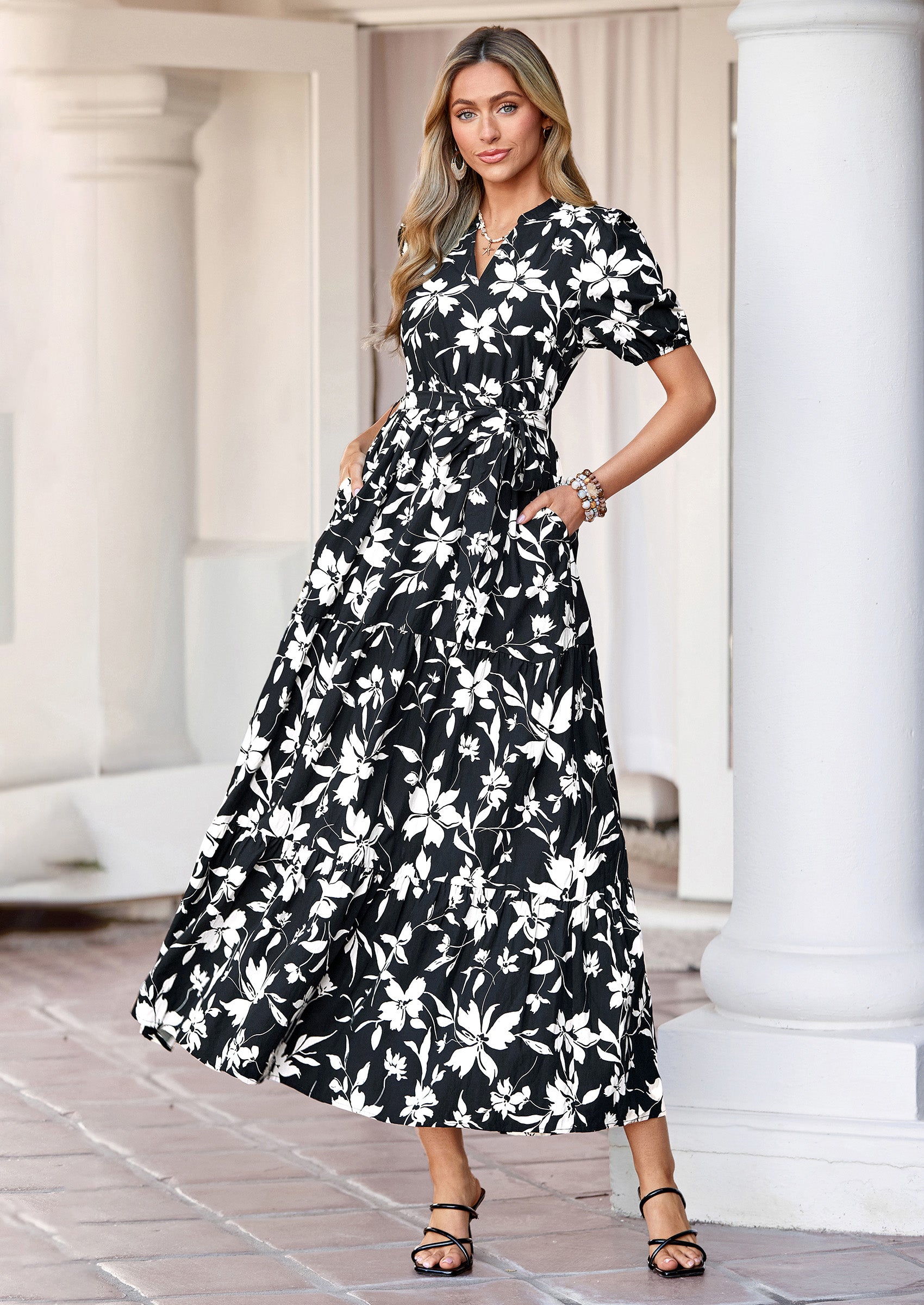 PRETTYGARDEN Women's Summer Maxi Dresses Boho Floral Short Sleeve V Neck Casual Wedding Guest 2026 Beach Vacation Outfits