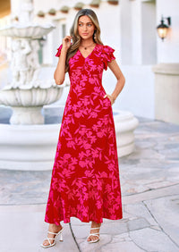 PRETTYGARDEN Wedding Guest Dresses for Women Spring Summer Short Sleeve Ruffle V Neck Floral Flowy Beach Maxi Long Dress
