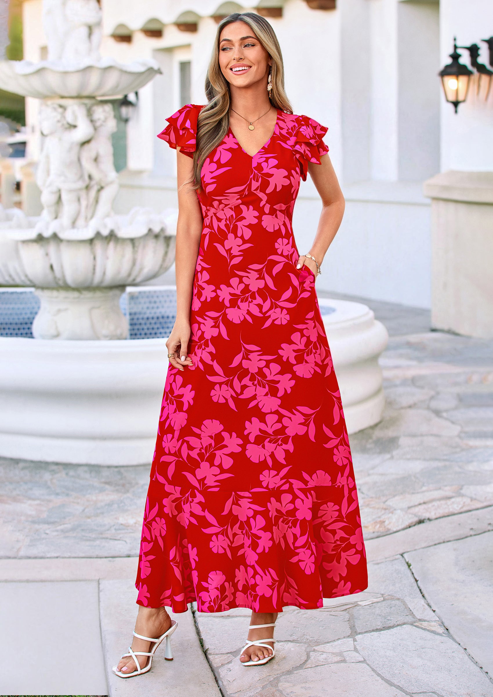 PRETTYGARDEN Wedding Guest Dresses for Women Spring Summer Short Sleeve Ruffle V Neck Floral Flowy Beach Maxi Long Dress