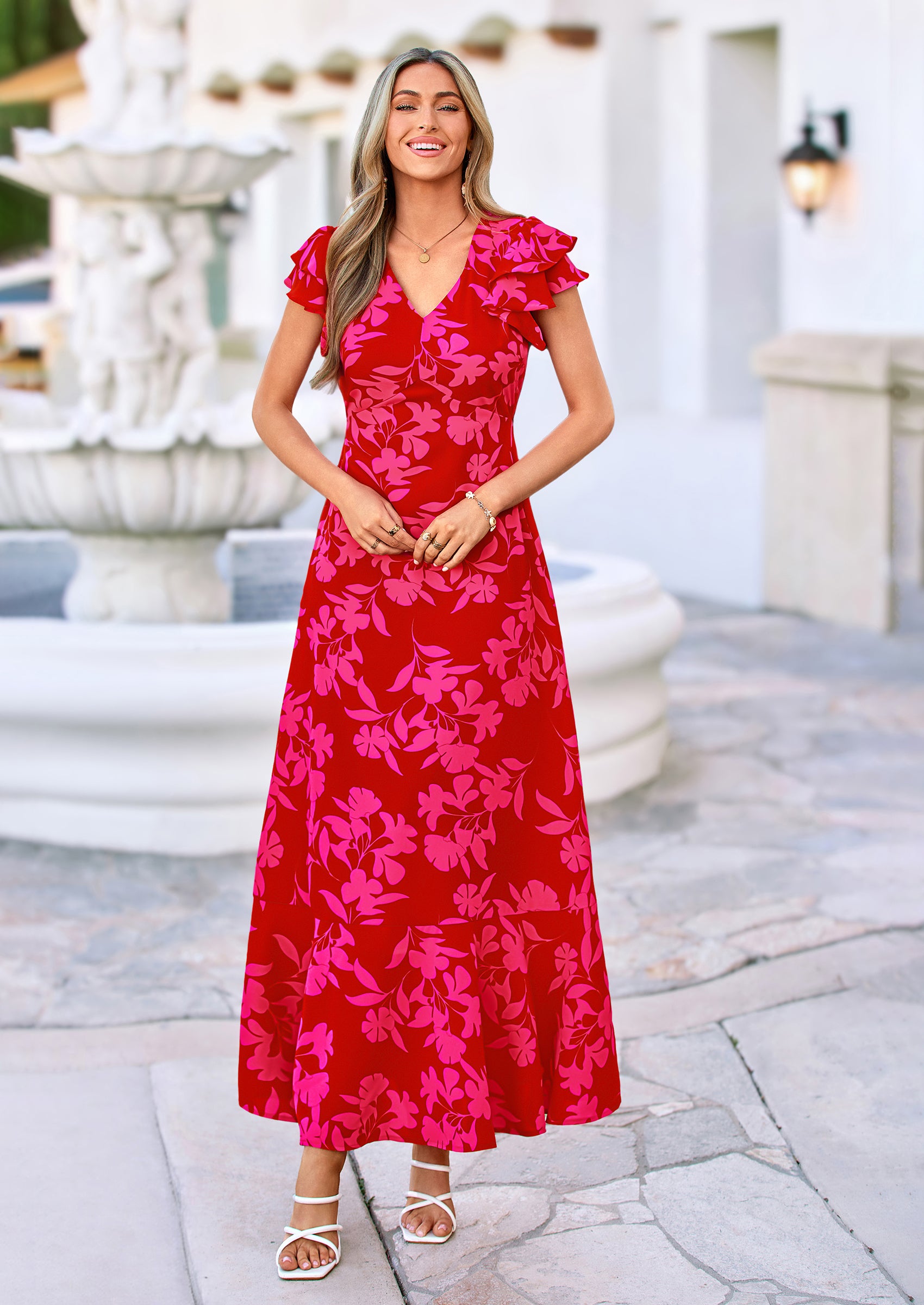 PRETTYGARDEN Wedding Guest Dresses for Women Spring Summer Short Sleeve Ruffle V Neck Floral Flowy Beach Maxi Long Dress