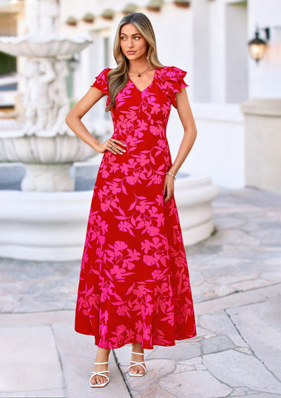 PRETTYGARDEN Wedding Guest Dresses for Women Spring Summer Short Sleeve Ruffle V Neck Floral Flowy Beach Maxi Long Dress