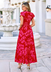 PRETTYGARDEN Wedding Guest Dresses for Women Spring Summer Short Sleeve Ruffle V Neck Floral Flowy Beach Maxi Long Dress