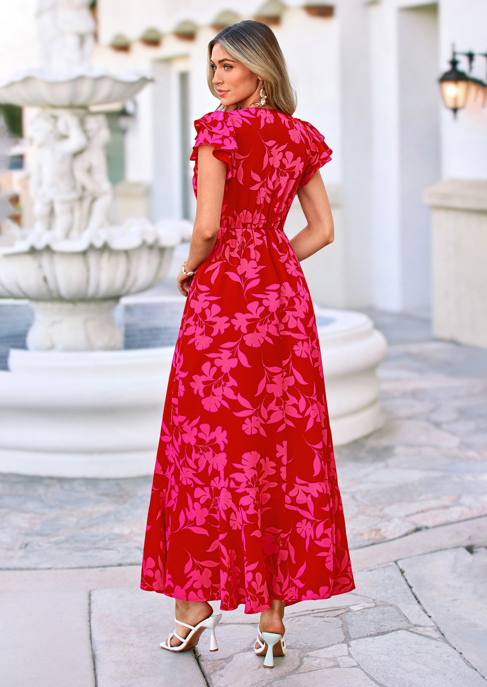 PRETTYGARDEN Wedding Guest Dresses for Women Spring Summer Short Sleeve Ruffle V Neck Floral Flowy Beach Maxi Long Dress