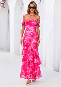 PRETTYGARDEN Women's Formal Cocktail Maxi Dresses Summer Off Shoulder Floral Mesh Bodycon Spring Wedding Guest Dress PRETTYGARDEN