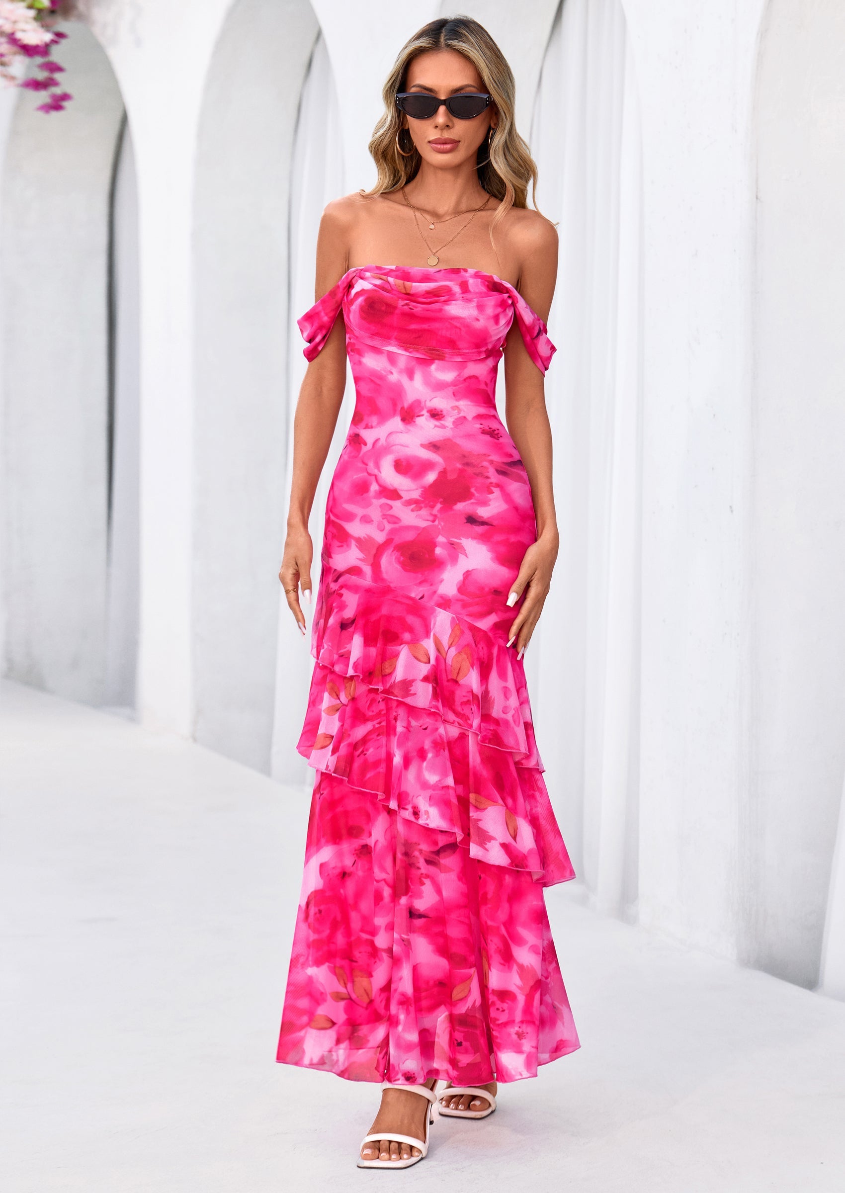 PRETTYGARDEN Women's Formal Cocktail Maxi Dresses Summer Off Shoulder Floral Mesh Bodycon Spring Wedding Guest Dress PRETTYGARDEN