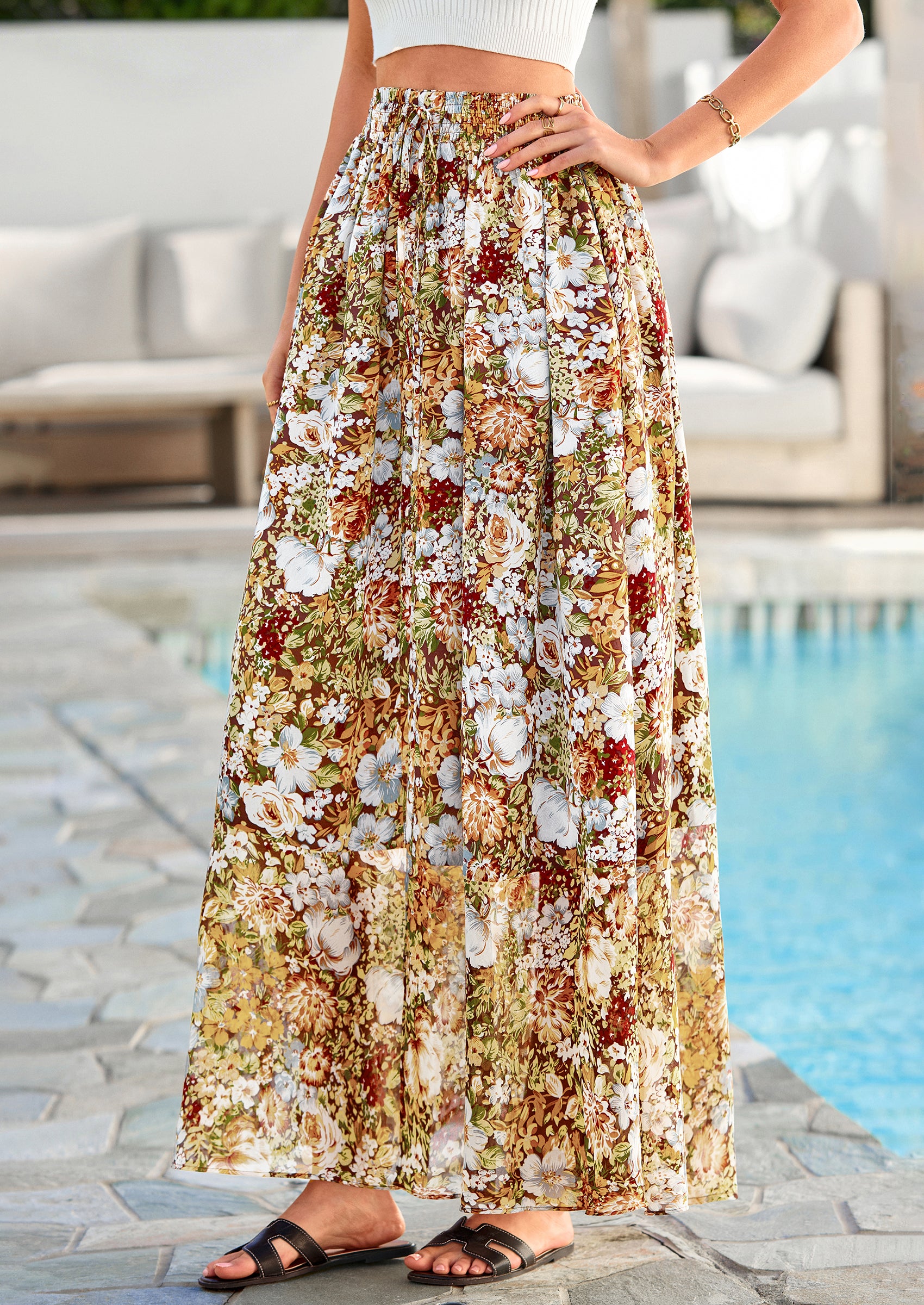 PRETTYGARDEN Summer Maxi Long Skirts for Women Trendy Boho Floral High Waisted Slit Flowy Travel Beach Vacation Clothes