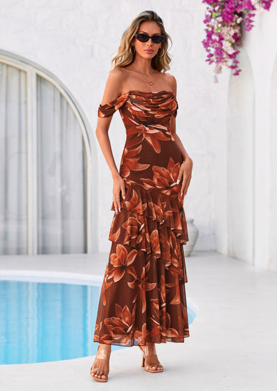 PRETTYGARDEN Women's Formal Cocktail Maxi Dresses Summer Off Shoulder Floral Mesh Bodycon Spring Wedding Guest Dress PRETTYGARDEN