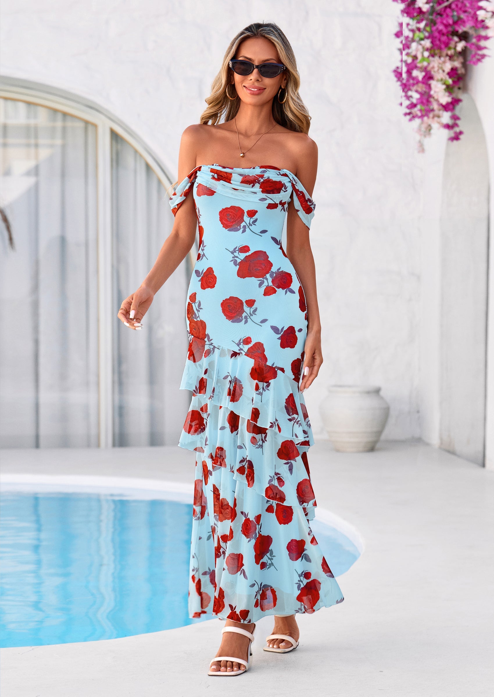 PRETTYGARDEN Women's Formal Cocktail Maxi Dresses Summer Off Shoulder Floral Mesh Bodycon Spring Wedding Guest Dress PRETTYGARDEN