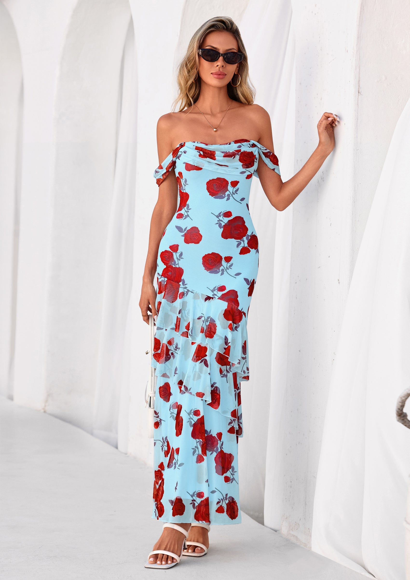 PRETTYGARDEN Women's Formal Cocktail Maxi Dresses Summer Off Shoulder Floral Mesh Bodycon Spring Wedding Guest Dress PRETTYGARDEN