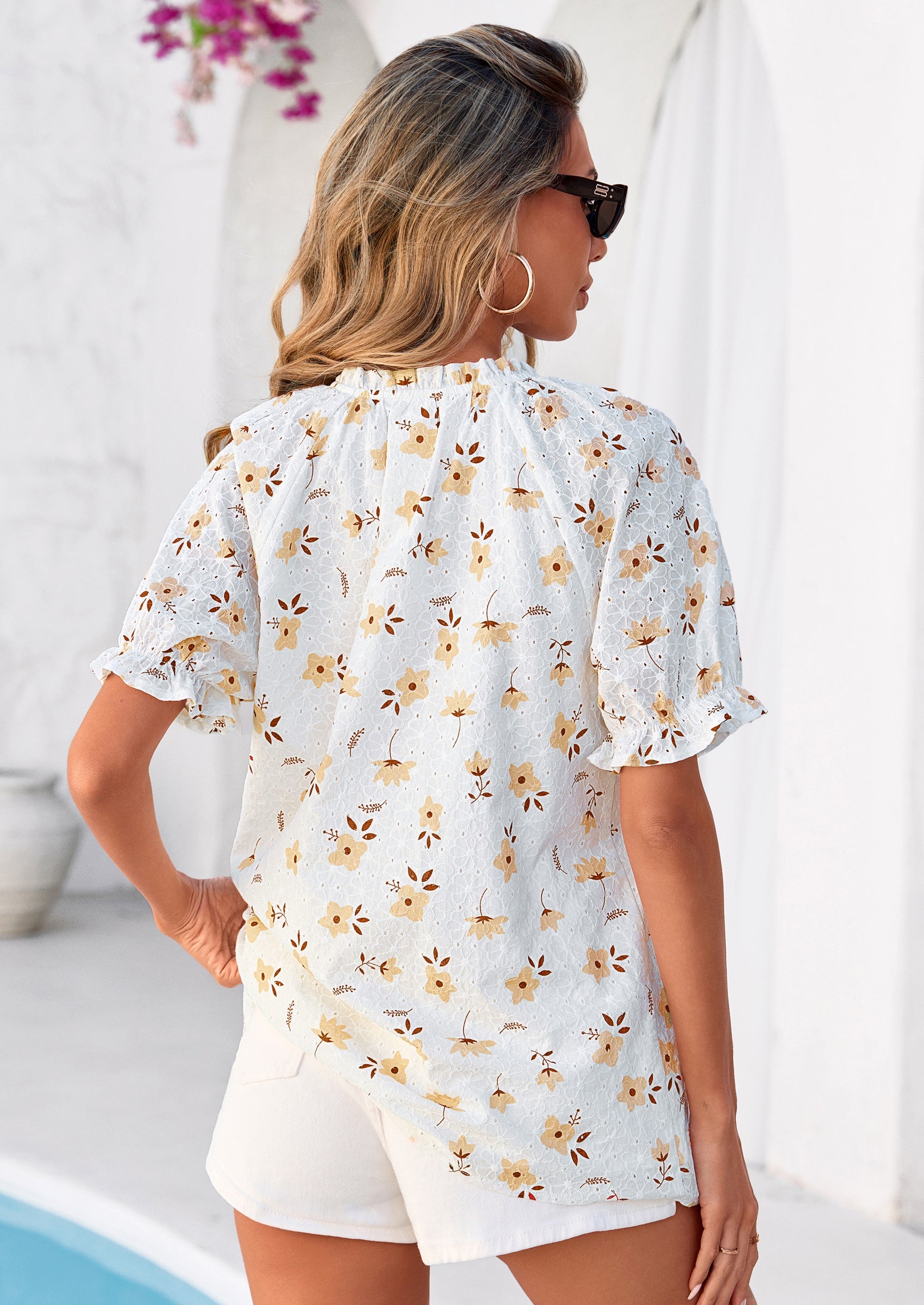 PRETTYGARDEN Summer Short Sleeve V Neck Shirts for Women Trendy Floral Print Loose Ruffle Tops Business Casual Blouses PRETTYGARDEN