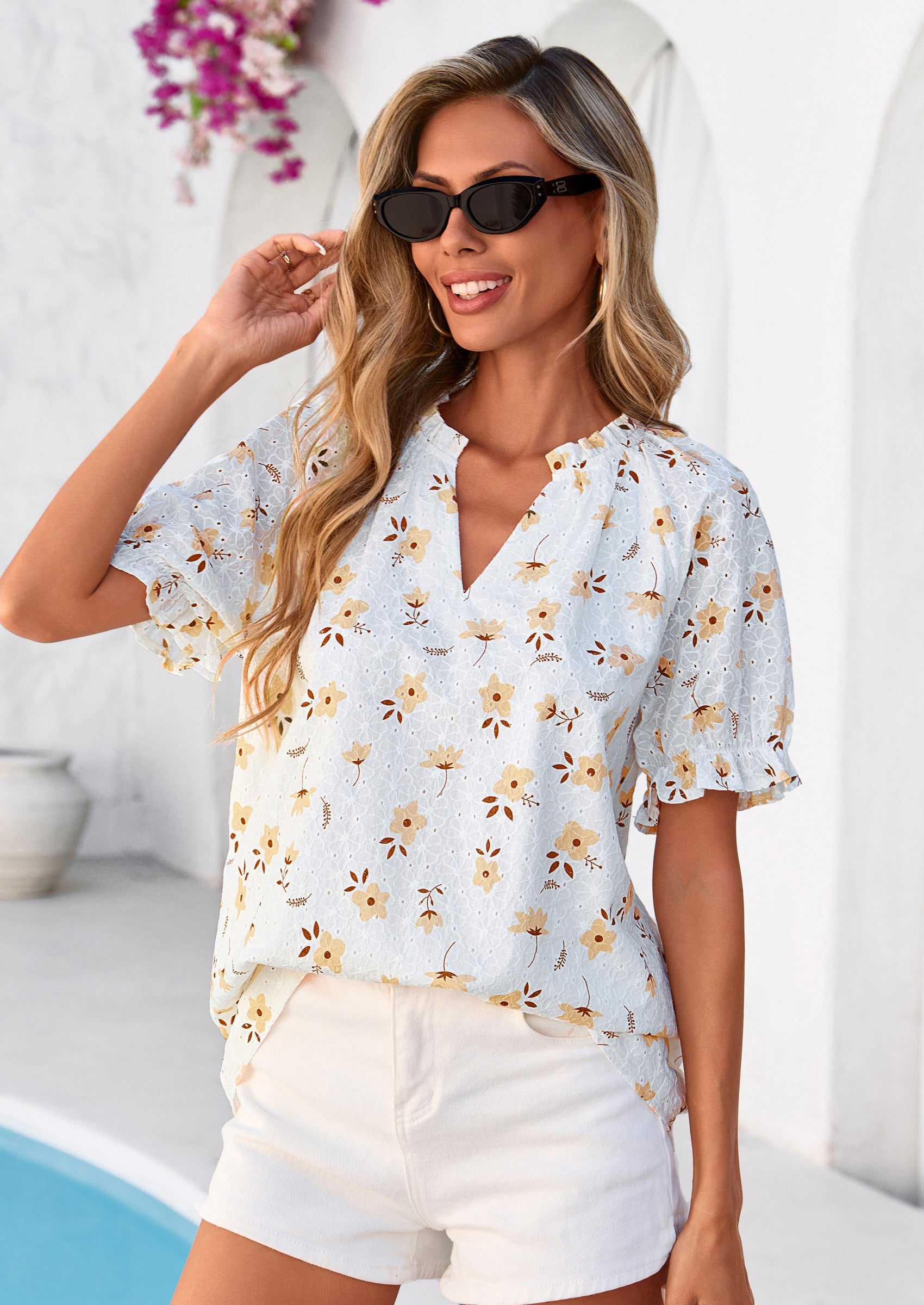 PRETTYGARDEN Summer Short Sleeve V Neck Shirts for Women Trendy Floral Print Loose Ruffle Tops Business Casual Blouses PRETTYGARDEN
