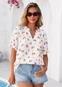 PRETTYGARDEN Summer Short Sleeve V Neck Shirts for Women Trendy Floral Print Loose Ruffle Tops Business Casual Blouses PRETTYGARDEN