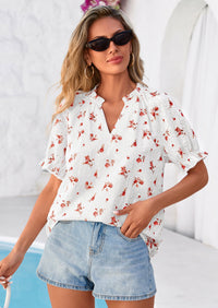 PRETTYGARDEN Summer Short Sleeve V Neck Shirts for Women Trendy Floral Print Loose Ruffle Tops Business Casual Blouses PRETTYGARDEN