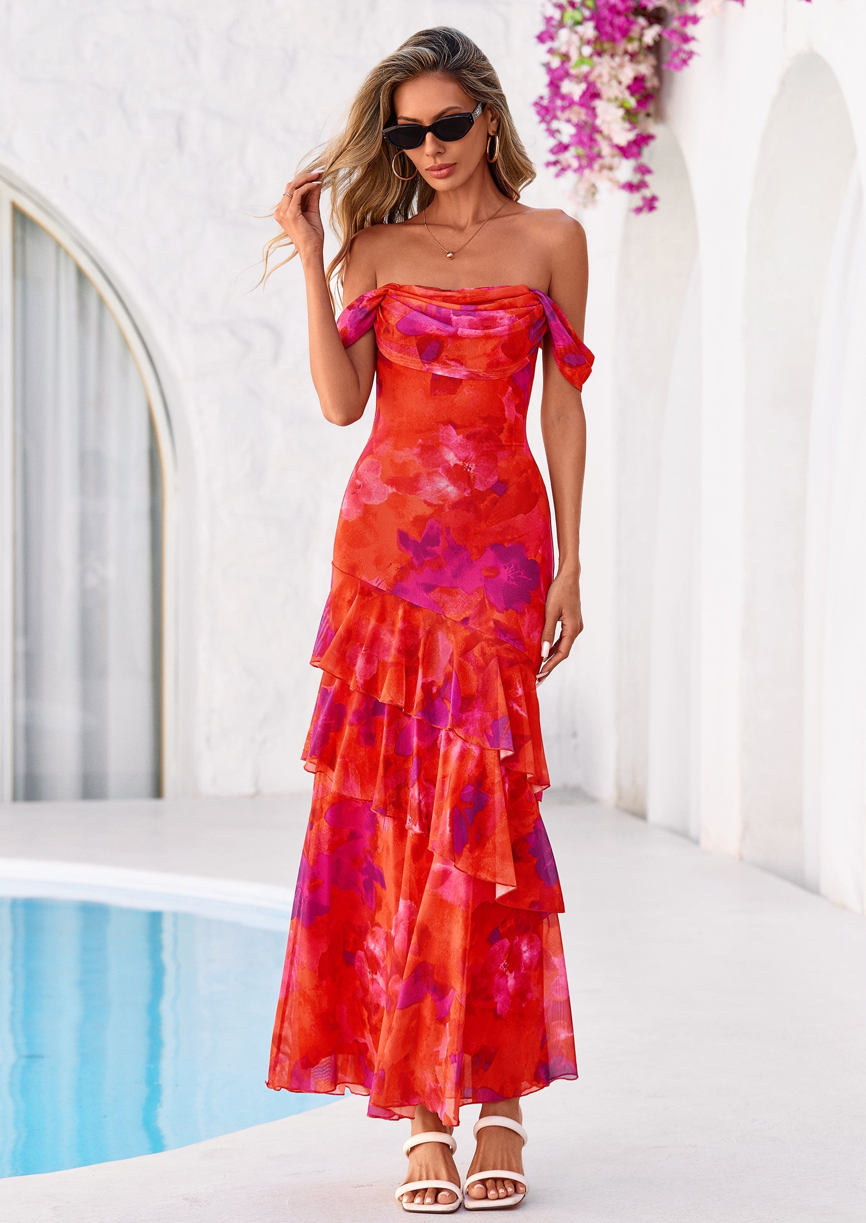 PRETTYGARDEN Women's Formal Cocktail Maxi Dresses Summer Off Shoulder Floral Mesh Bodycon Spring Wedding Guest Dress PRETTYGARDEN