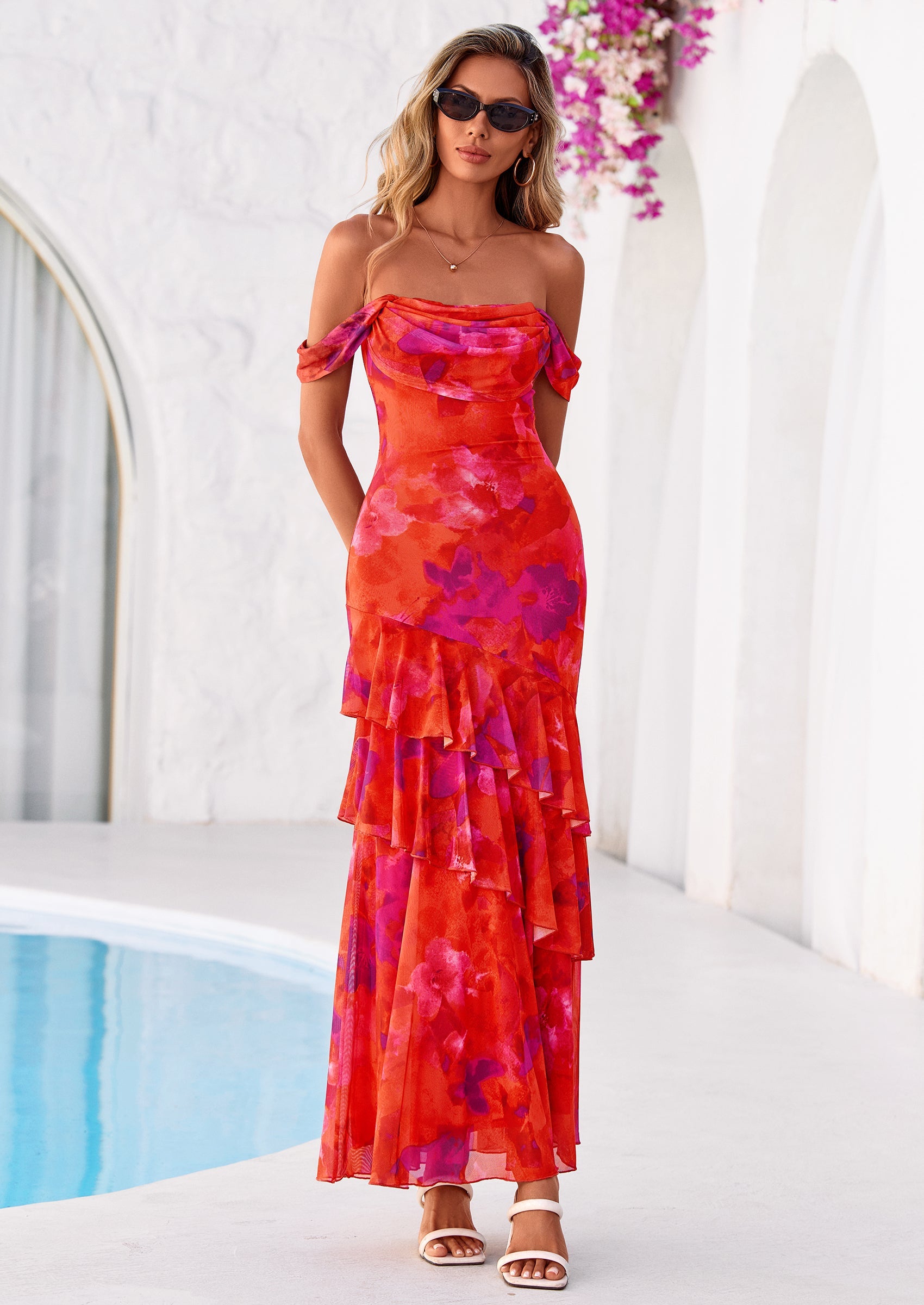 PRETTYGARDEN Women's Formal Cocktail Maxi Dresses Summer Off Shoulder Floral Mesh Bodycon Spring Wedding Guest Dress PRETTYGARDEN