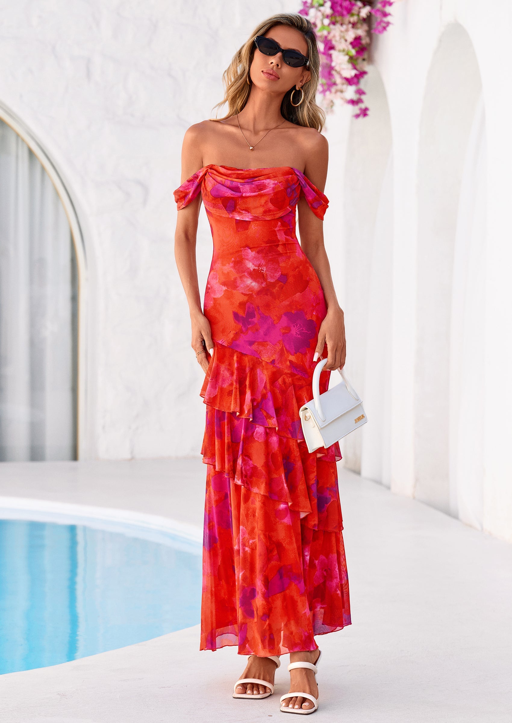 PRETTYGARDEN Women's Formal Cocktail Maxi Dresses Summer Off Shoulder Floral Mesh Bodycon Spring Wedding Guest Dress PRETTYGARDEN