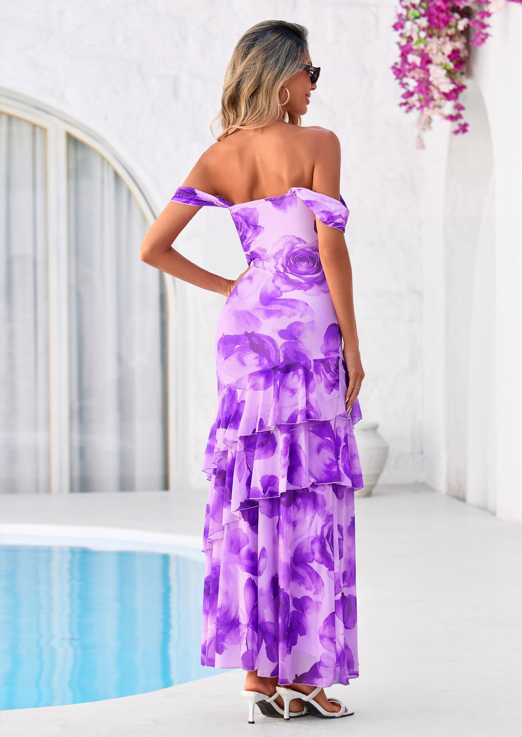 PRETTYGARDEN Women's Formal Cocktail Maxi Dresses Summer Off Shoulder Floral Mesh Bodycon Spring Wedding Guest Dress PRETTYGARDEN