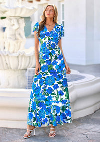 PRETTYGARDEN Wedding Guest Dresses for Women Spring Summer Short Sleeve Ruffle V Neck Floral Flowy Beach Maxi Long Dress