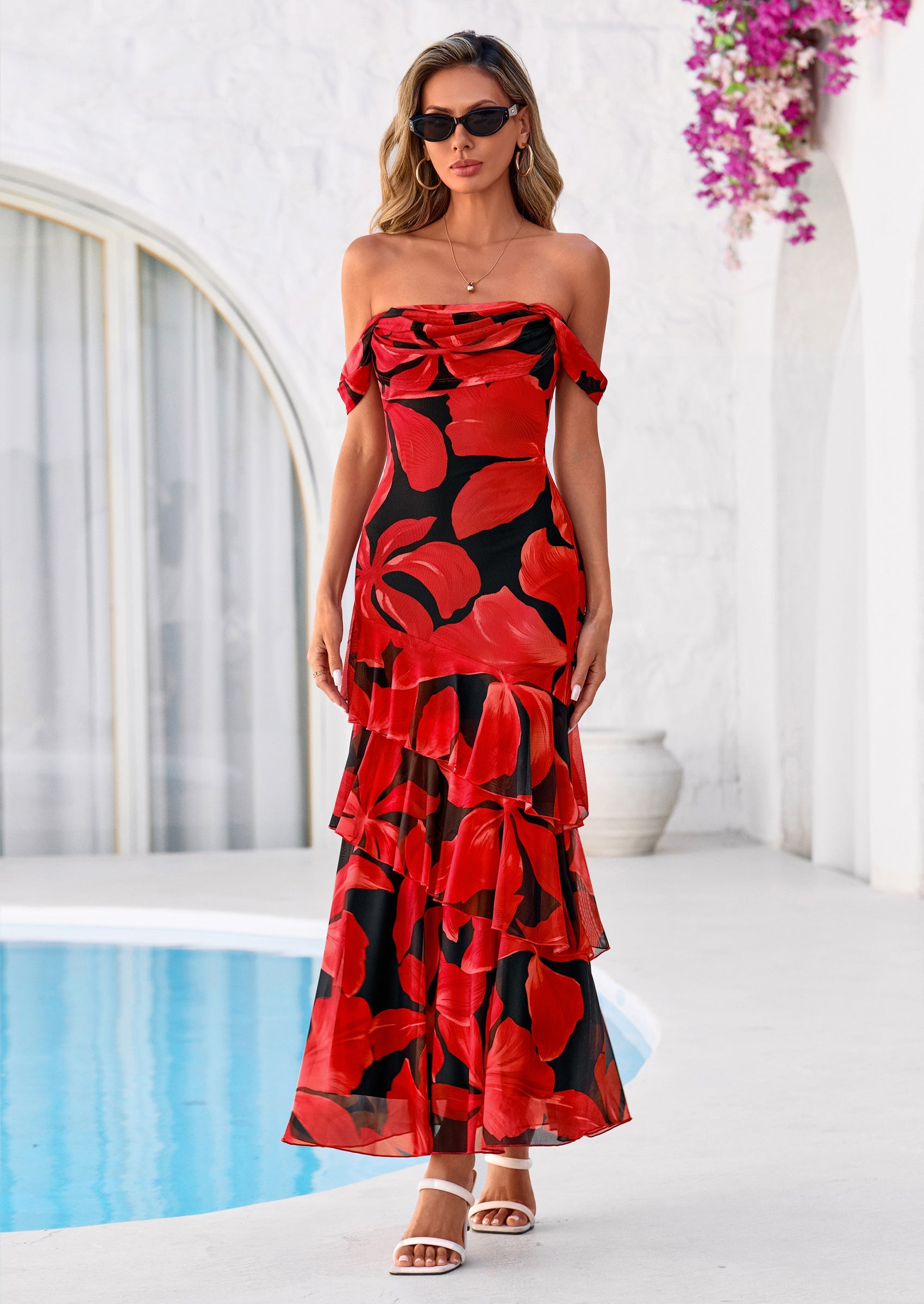 PRETTYGARDEN Women's Formal Cocktail Maxi Dresses Summer Off Shoulder Floral Mesh Bodycon Spring Wedding Guest Dress PRETTYGARDEN