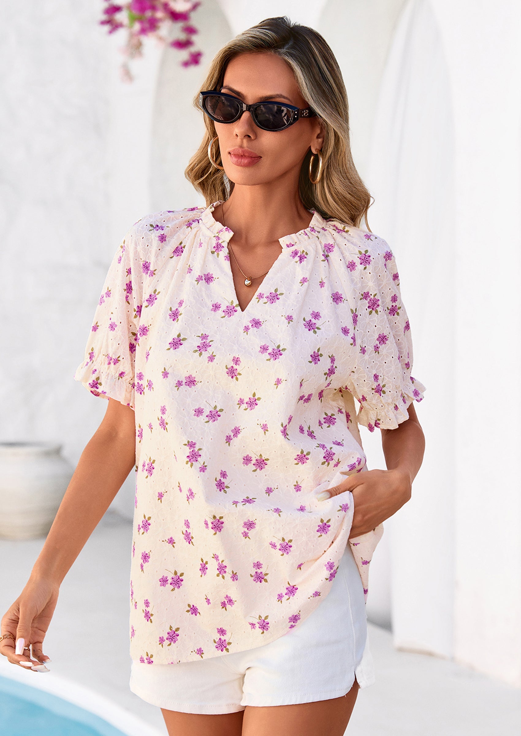 PRETTYGARDEN Summer Short Sleeve V Neck Shirts for Women Trendy Floral Print Loose Ruffle Tops Business Casual Blouses PRETTYGARDEN