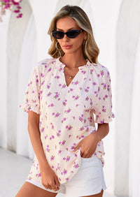 PRETTYGARDEN Summer Short Sleeve V Neck Shirts for Women Trendy Floral Print Loose Ruffle Tops Business Casual Blouses PRETTYGARDEN