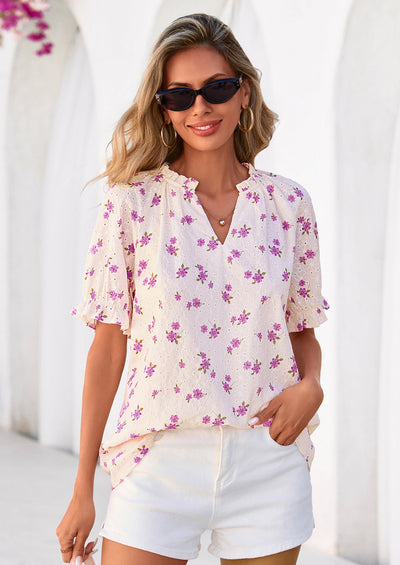 PRETTYGARDEN Summer Short Sleeve V Neck Shirts for Women Trendy Floral Print Loose Ruffle Tops Business Casual Blouses PRETTYGARDEN