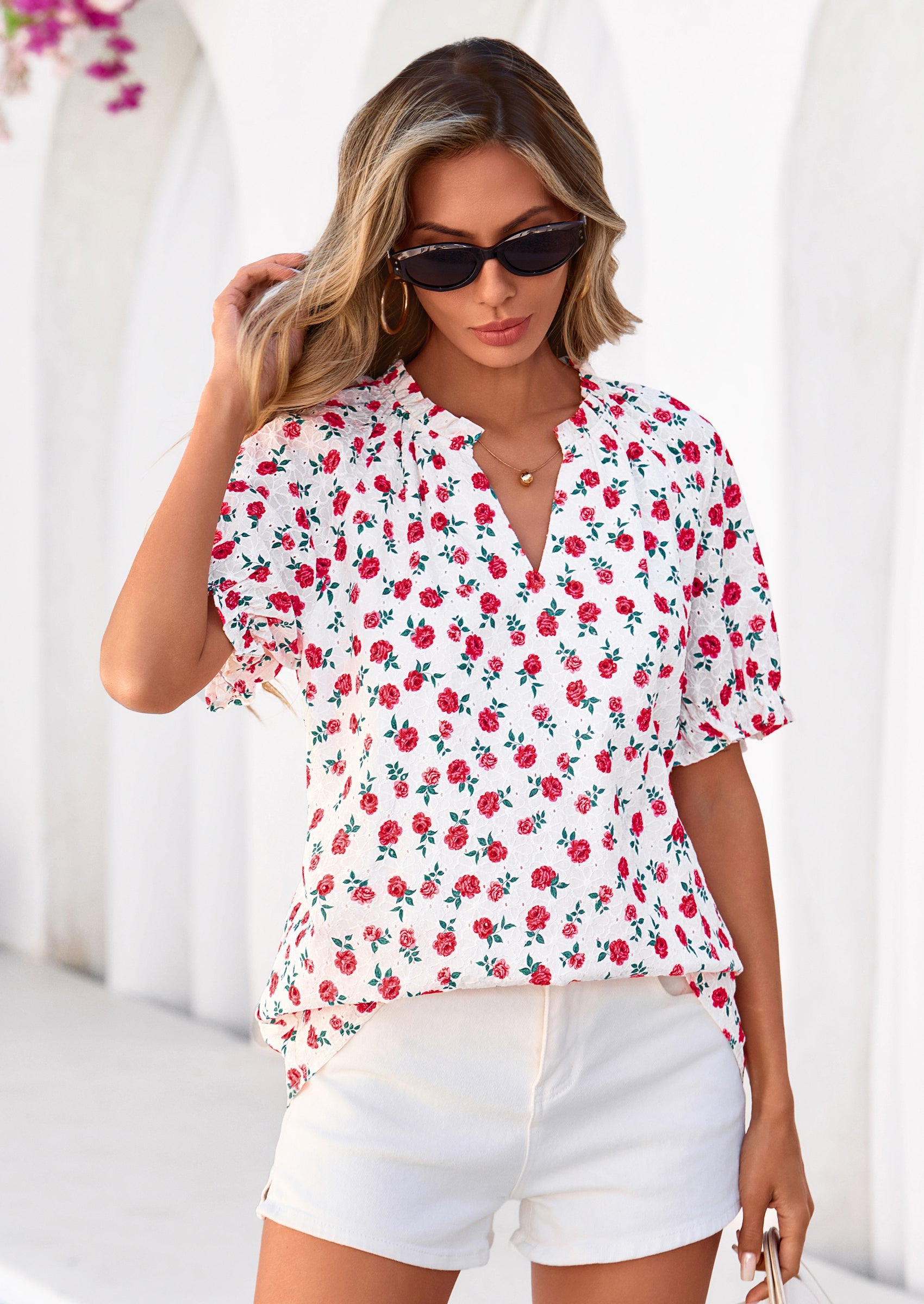 PRETTYGARDEN Summer Short Sleeve V Neck Shirts for Women Trendy Floral Print Loose Ruffle Tops Business Casual Blouses PRETTYGARDEN