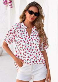 PRETTYGARDEN Summer Short Sleeve V Neck Shirts for Women Trendy Floral Print Loose Ruffle Tops Business Casual Blouses PRETTYGARDEN