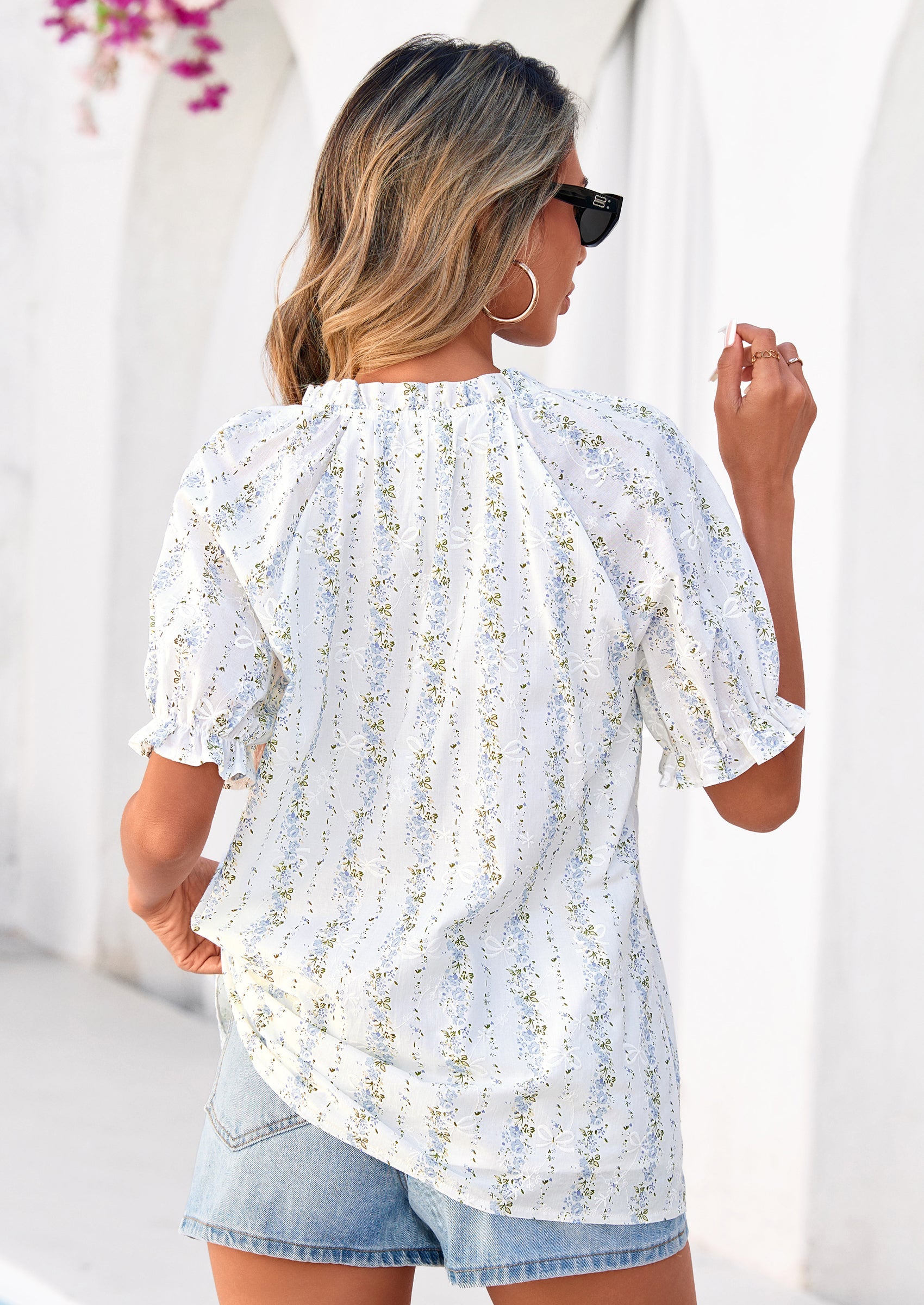 PRETTYGARDEN Summer Short Sleeve V Neck Shirts for Women Trendy Floral Print Loose Ruffle Tops Business Casual Blouses PRETTYGARDEN