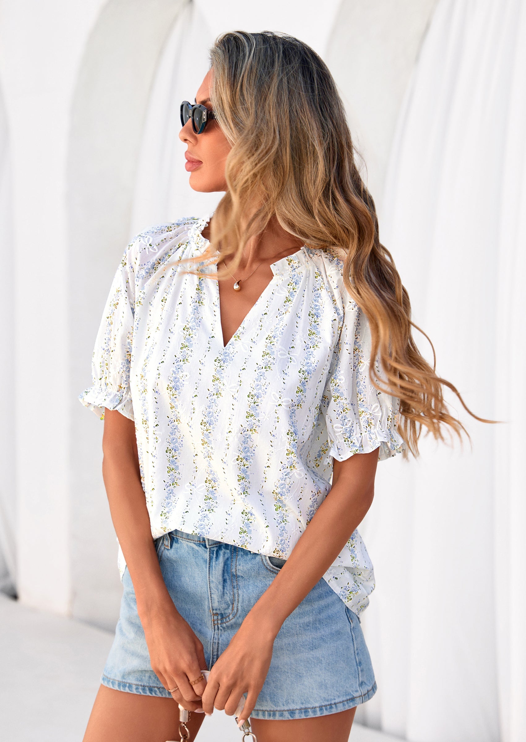 PRETTYGARDEN Summer Short Sleeve V Neck Shirts for Women Trendy Floral Print Loose Ruffle Tops Business Casual Blouses PRETTYGARDEN