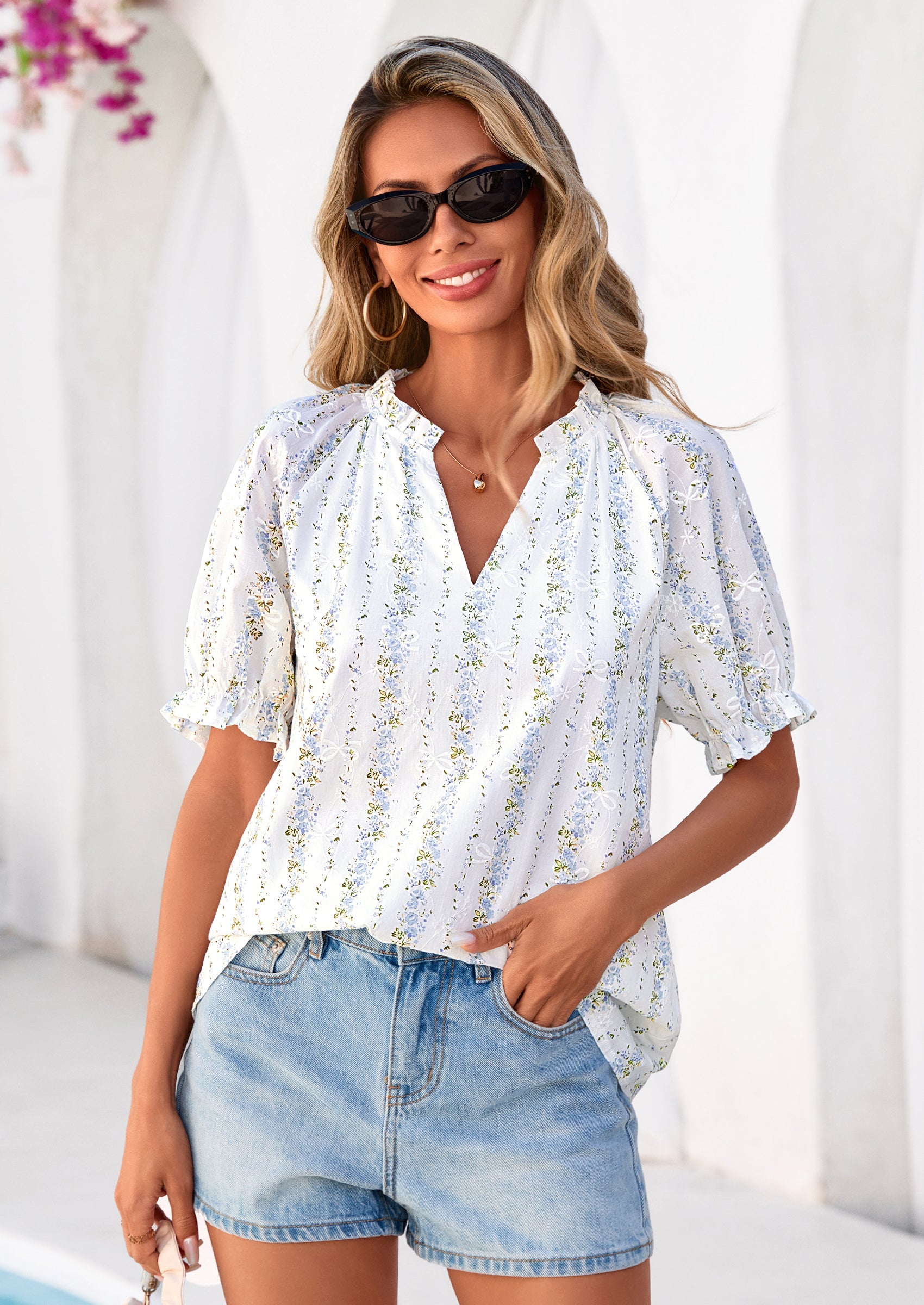 PRETTYGARDEN Summer Short Sleeve V Neck Shirts for Women Trendy Floral Print Loose Ruffle Tops Business Casual Blouses PRETTYGARDEN
