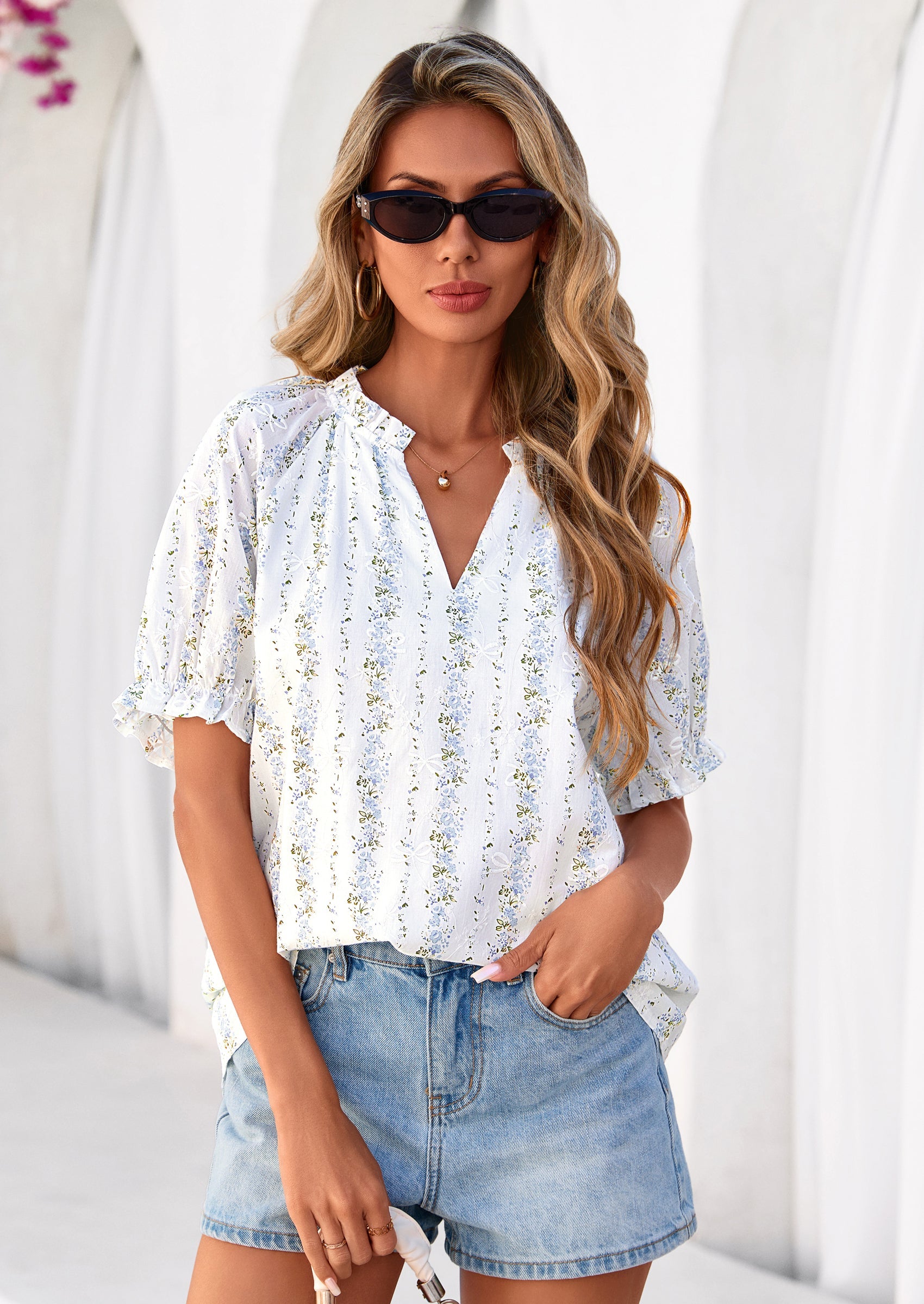 PRETTYGARDEN Summer Short Sleeve V Neck Shirts for Women Trendy Floral Print Loose Ruffle Tops Business Casual Blouses PRETTYGARDEN