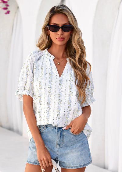 PRETTYGARDEN Summer Short Sleeve V Neck Shirts for Women Trendy Floral Print Loose Ruffle Tops Business Casual Blouses PRETTYGARDEN