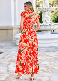 PRETTYGARDEN Wedding Guest Dresses for Women Spring Summer Short Sleeve Ruffle V Neck Floral Flowy Beach Maxi Long Dress