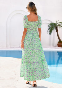 PRETTYGARDEN Women's Floral Boho Maxi Dresses Flowy Short Sleeve A Line Smocked Eyelet Summer Beach Vacation Clothes PRETTYGARDEN