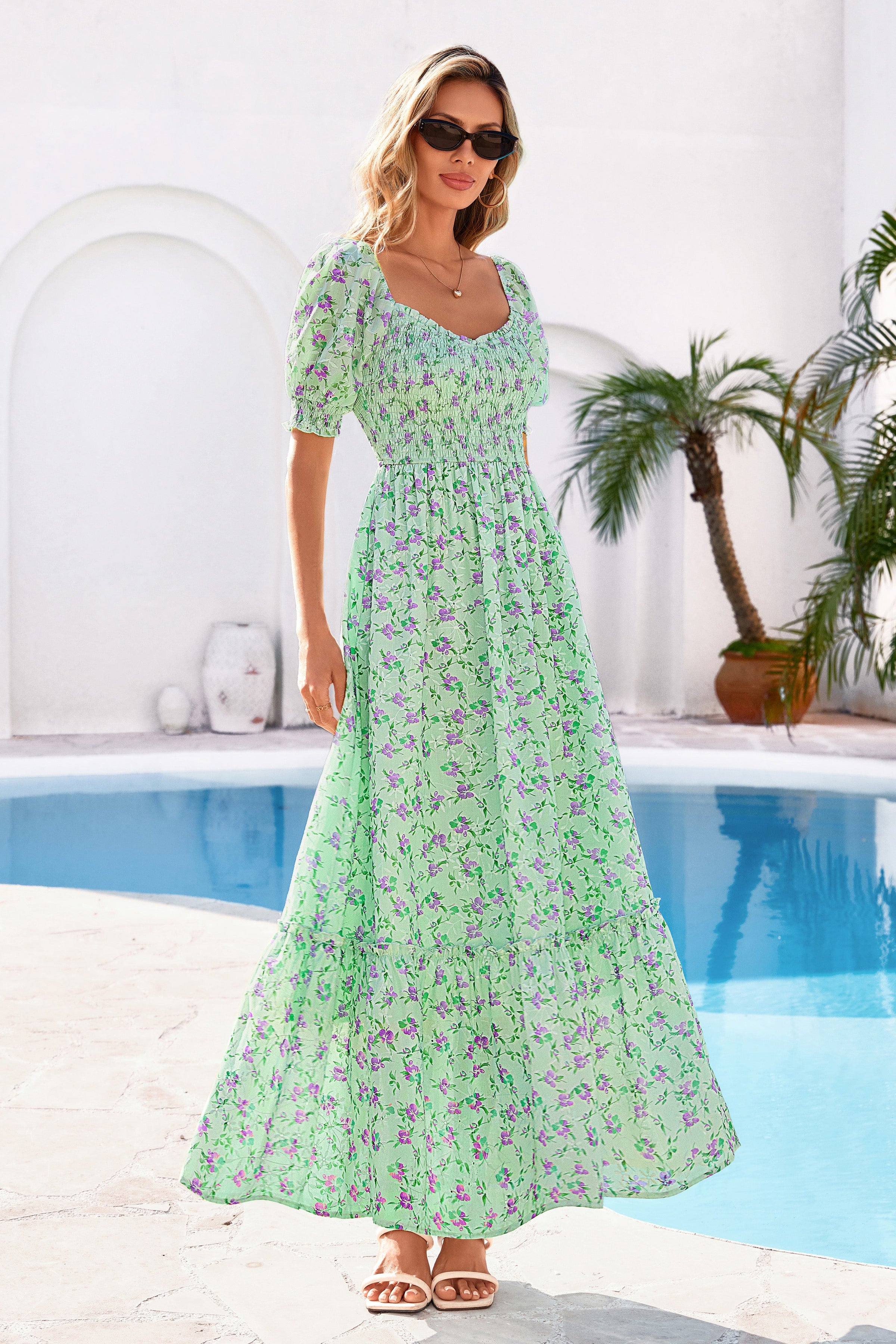 PRETTYGARDEN Women's Floral Boho Maxi Dresses Flowy Short Sleeve A Line Smocked Eyelet Summer Beach Vacation Clothes PRETTYGARDEN