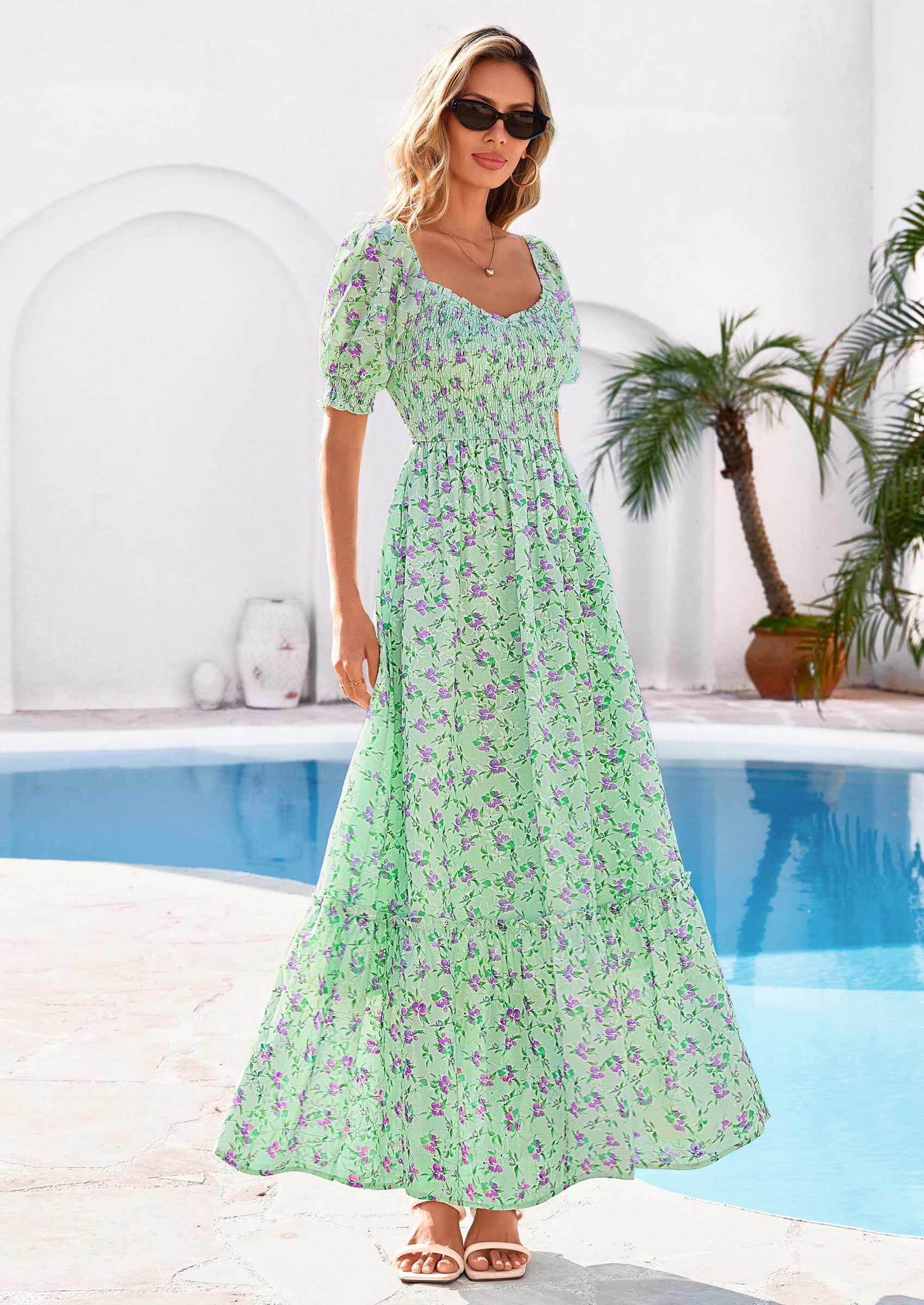 PRETTYGARDEN Women's Floral Boho Maxi Dresses Flowy Short Sleeve A Line Smocked Eyelet Summer Beach Vacation Clothes PRETTYGARDEN