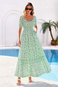 PRETTYGARDEN Women's Floral Boho Maxi Dresses Flowy Short Sleeve A Line Smocked Eyelet Summer Beach Vacation Clothes PRETTYGARDEN