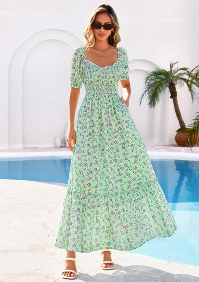 PRETTYGARDEN Women's Floral Boho Maxi Dresses Flowy Short Sleeve A Line Smocked Eyelet Summer Beach Vacation Clothes PRETTYGARDEN