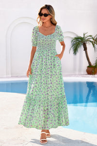 PRETTYGARDEN Women's Floral Boho Maxi Dresses Flowy Short Sleeve A Line Smocked Eyelet Summer Beach Vacation Clothes PRETTYGARDEN