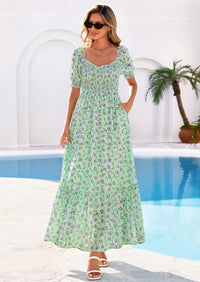 PRETTYGARDEN Women's Floral Boho Maxi Dresses Flowy Short Sleeve A Line Smocked Eyelet Summer Beach Vacation Clothes PRETTYGARDEN