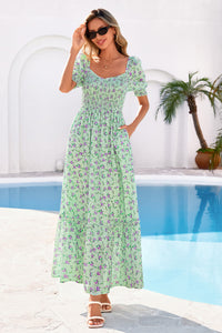 PRETTYGARDEN Women's Floral Boho Maxi Dresses Flowy Short Sleeve A Line Smocked Eyelet Summer Beach Vacation Clothes PRETTYGARDEN