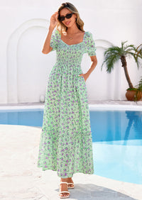 PRETTYGARDEN Women's Floral Boho Maxi Dresses Flowy Short Sleeve A Line Smocked Eyelet Summer Beach Vacation Clothes PRETTYGARDEN