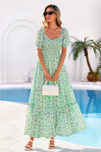 PRETTYGARDEN Women's Floral Boho Maxi Dresses Flowy Short Sleeve A Line Smocked Eyelet Summer Beach Vacation Clothes PRETTYGARDEN