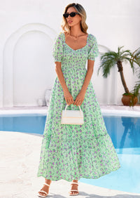 PRETTYGARDEN Women's Floral Boho Maxi Dresses Flowy Short Sleeve A Line Smocked Eyelet Summer Beach Vacation Clothes PRETTYGARDEN