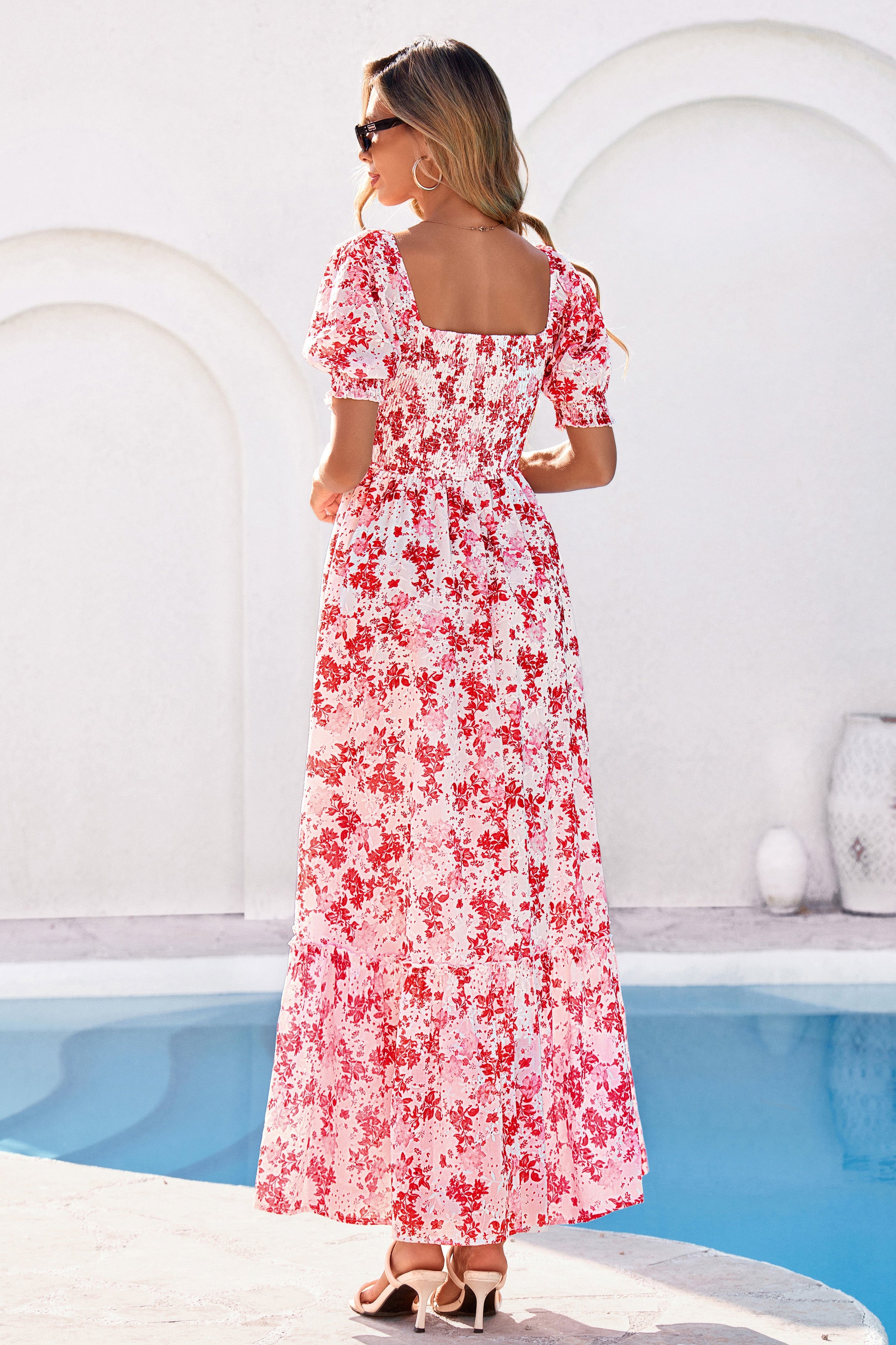 PRETTYGARDEN Women's Floral Boho Maxi Dresses Flowy Short Sleeve A Line Smocked Eyelet Summer Beach Vacation Clothes PRETTYGARDEN