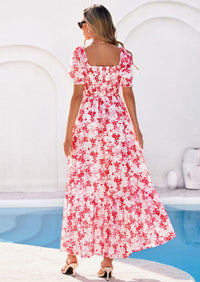 PRETTYGARDEN Women's Floral Boho Maxi Dresses Flowy Short Sleeve A Line Smocked Eyelet Summer Beach Vacation Clothes PRETTYGARDEN