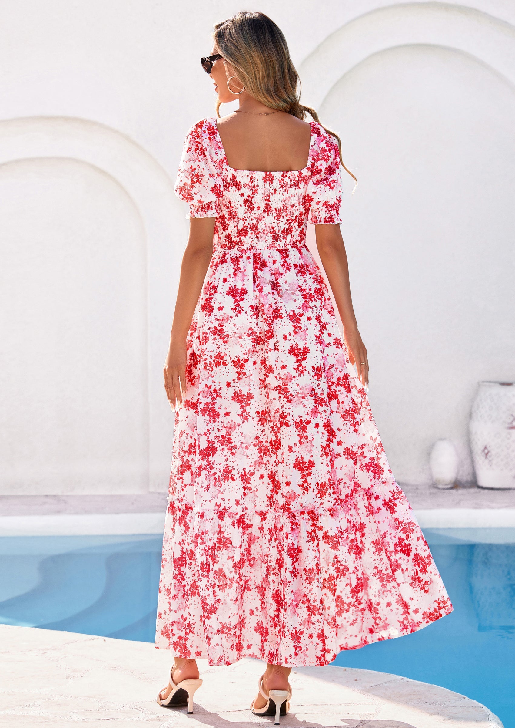 PRETTYGARDEN Women's Floral Boho Maxi Dresses Flowy Short Sleeve A Line Smocked Eyelet Summer Beach Vacation Clothes PRETTYGARDEN