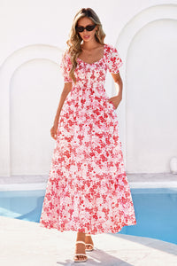 PRETTYGARDEN Women's Floral Boho Maxi Dresses Flowy Short Sleeve A Line Smocked Eyelet Summer Beach Vacation Clothes PRETTYGARDEN