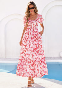 PRETTYGARDEN Women's Floral Boho Maxi Dresses Flowy Short Sleeve A Line Smocked Eyelet Summer Beach Vacation Clothes PRETTYGARDEN